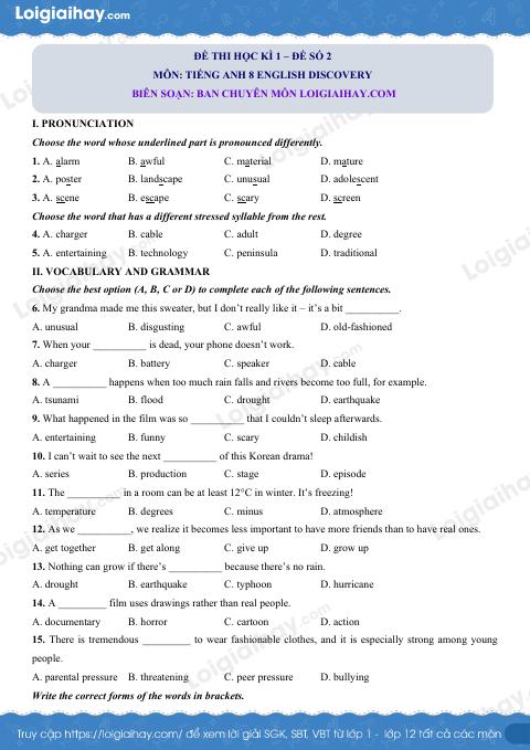 Đề thi học kì 1 Tiếng Anh 8 English Discovery - Đề số 2